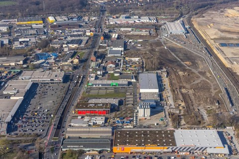 Aerial view, construction site Westfalenhütte, Eisenstraße, Nordmarkt, Dortmund, Ruhr area, North