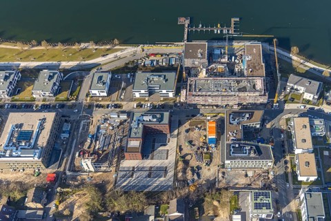 Aerial view, Phoenix-See, construction site residential complex Phönixseestraße, Kreuzknoten e.V.