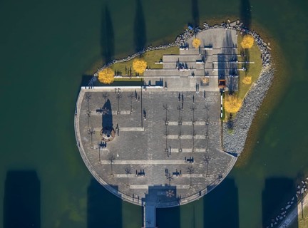 Aerial view, sunbathing at Lake Phoenix, spring weather on Dortmund's sunbathing lawns, Dortmund,