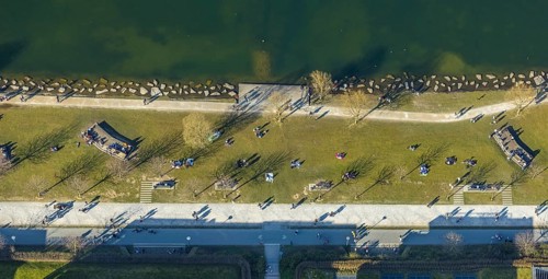 Aerial view, sunbathing at Lake Phoenix, spring weather on Dortmund's sunbathing lawns, Dortmund,