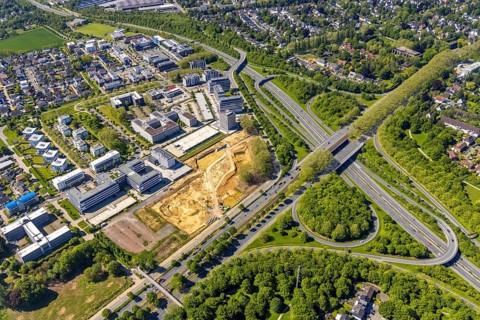 Aerial view, construction site and new building Continentale Directorate, intersection federal road