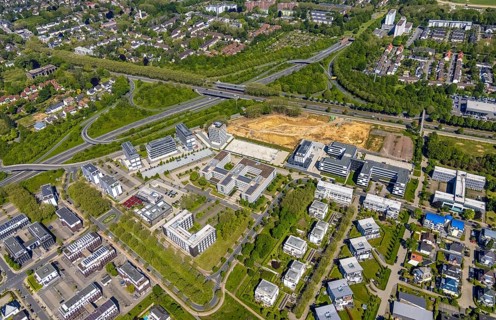 Aerial view, construction site and new building Continentale Directorate, intersection federal road