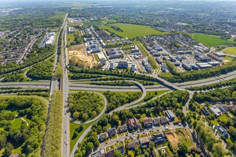 Aerial view, construction site and new building Continentale Directorate, intersection federal road