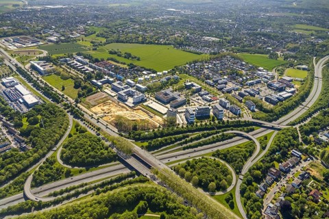 Aerial view, construction site and new building Continentale Directorate, intersection federal road