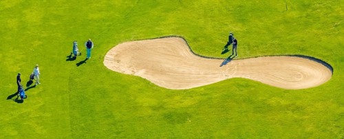 Aerial view, Dortmund racecourse with golf course, golfer at the bunker, golf club GolfRange
