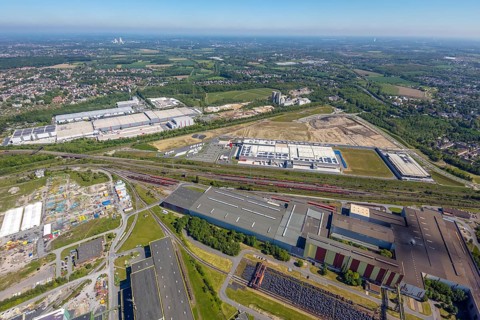 Aerial view, new REWE logistics centre and construction site of the former Westfalenhütte,