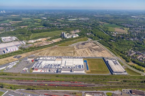 Aerial view, new REWE logistics centre and construction site of the former Westfalenhütte,