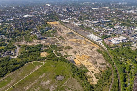 Aerial view, construction site former Westfalenhütte, Kaiserbrunnen, Dortmund, Ruhr area, North