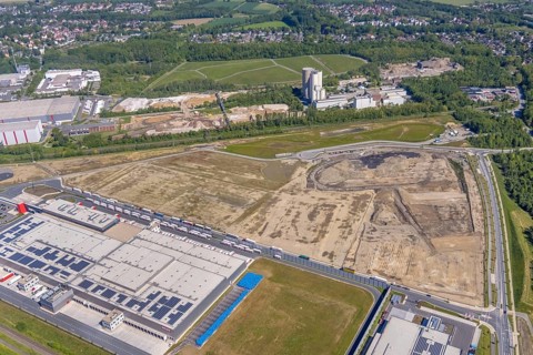 Aerial view, new REWE logistics centre and construction site of the former Westfalenhütte,