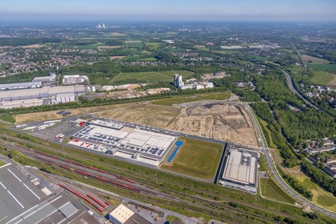 Aerial view, new REWE logistics centre and construction site of the former Westfalenhütte,
