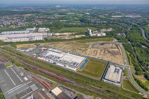 Aerial view, new REWE logistics centre and construction site of the former Westfalenhütte,