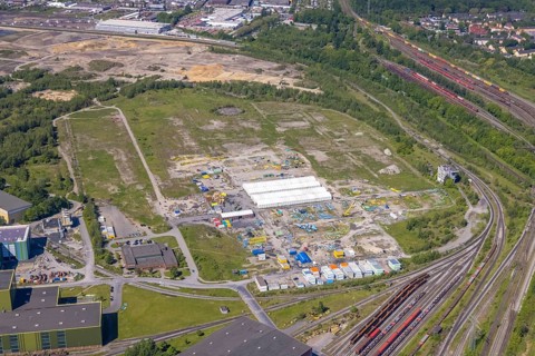 Aerial view, brownfield and construction site former Westfalenhütte, Borsigplatz, Dortmund, Ruhr