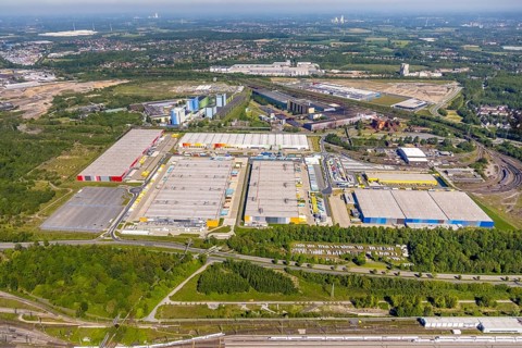 Aerial view, logistics park Westfalenhütte, Amazon logistics, DB Schenker, DHL, Deacthlon, Wambel,