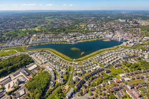 Aerial view, Phoenix Lake, Schüren, Dortmund, Ruhr area, North Rhine-Westphalia, Germany, DE,