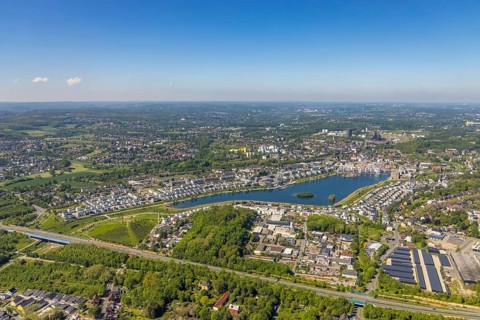 Aerial view, Phoenix Lake, Schüren, Dortmund, Ruhr area, North Rhine-Westphalia, Germany, DE,