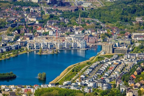 Aerial view, promenade at Phoenix Lake, cultural island, Schüren, Dortmund, Ruhr area, North