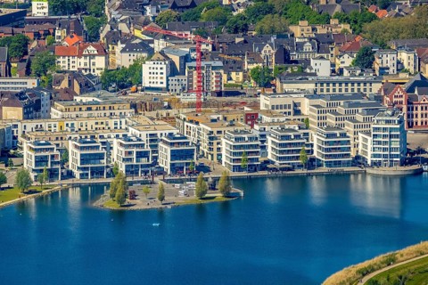 Aerial view, Promenade at Lake Phoenix, Kulturinsel, Schüren, Dortmund, Ruhr area, North