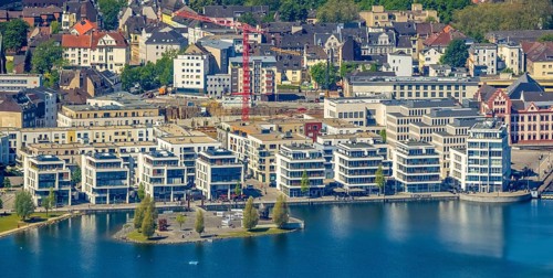 Aerial view, Promenade at Lake Phoenix, Kulturinsel, Aplerbeck, Dortmund, Ruhr area, North