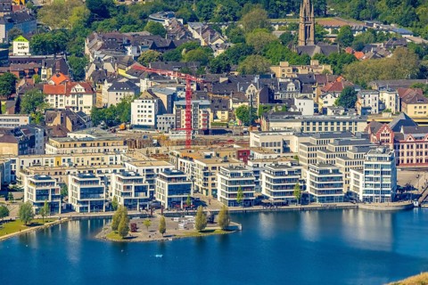 Aerial view, Promenade at Lake Phoenix, Kulturinsel, Aplerbeck, Dortmund, Ruhr area, North