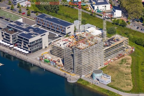 Aerial view, Phoenix Lake, construction site for a new retirement home, high-rise building H12,