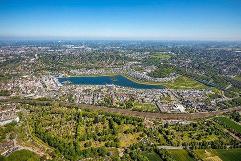 Aerial view, Phoenix Lake, Benninghofen, Dortmund, Ruhr area, North Rhine-Westphalia, Germany, DE,