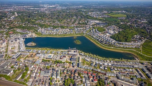 Aerial view, Phoenix Lake, Hörde, Dortmund, Ruhr area, North Rhine-Westphalia, Germany, DE, Europe,
