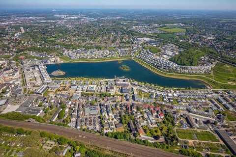 Aerial view, Phoenix Lake, Hörde, Dortmund, Ruhr area, North Rhine-Westphalia, Germany, DE, Europe,