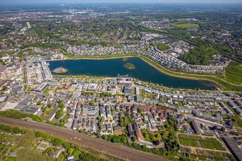 Aerial view, Phoenix Lake, Hörde, Dortmund, Ruhr area, North Rhine-Westphalia, Germany, DE, Europe,