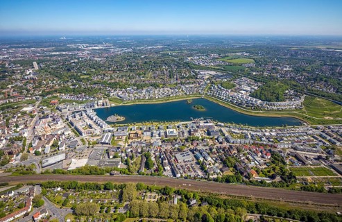 Aerial view, Phoenix Lake, Hörde, Dortmund, Ruhr area, North Rhine-Westphalia, Germany, DE, Europe,