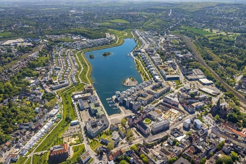 Aerial view, Phoenix Lake, Hörde, Dortmund, Ruhr area, North Rhine-Westphalia, Germany, DE, Europe,