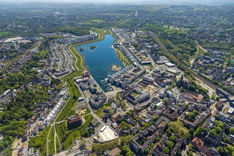 Aerial view, Phoenix Lake, Hörde, Dortmund, Ruhr area, North Rhine-Westphalia, Germany, DE, Europe,