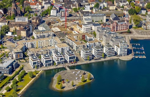 Aerial view, Phoenix Lake, cultural island with Thomas converter, Hörde, Dortmund, Ruhr area, North