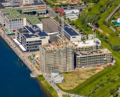 Aerial view, Phoenix Lake, construction site for a new retirement home, high-rise building H12,