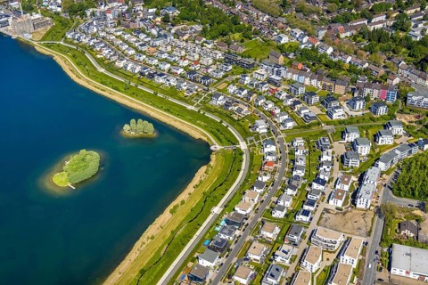 Aerial view, Phoenix Lake, Hörde, Dortmund, Ruhr area, North Rhine-Westphalia, Germany, DE, Europe,