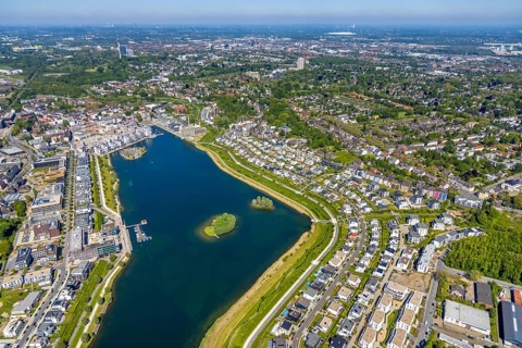 Aerial view, Phoenix Lake, Hörde, Dortmund, Ruhr area, North Rhine-Westphalia, Germany, DE, Europe,