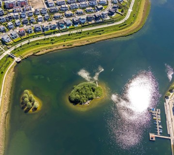 Aerial photo, Phoenix Lake, island in the lake, Hörde, Dortmund, Ruhr area, North Rhine-Westphalia,
