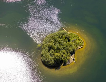 Aerial view, Phoenix Lake, island in the lake, Hörde, Dortmund, Ruhr area, North Rhine-Westphalia,