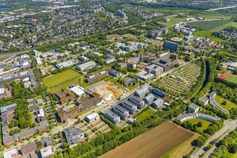 Aerial view, Technical University Dortmund, construction site new refrigeration plant in Dortmund