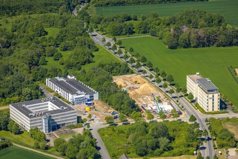 Aerial view, construction site and new construction office quarter Sebrathweg, Eichlinghofen,
