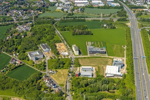 Aerial view, construction site and new construction office quarter Sebrathweg, Eichlinghofen,
