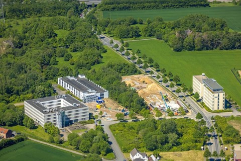 Aerial view, construction site and new construction office quarter Sebrathweg, Eichlinghofen,