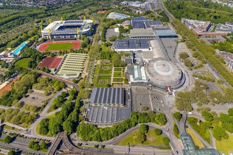 Aerial view, Signal Iduna Park Bundesliga stadium BVB Borussia Dortmund, Westfalenhallen,