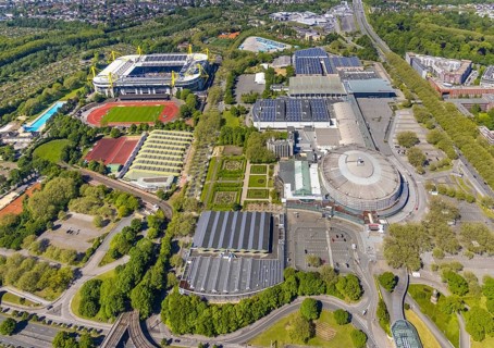 Aerial view, Signal Iduna Park Bundesliga stadium BVB Borussia Dortmund, Westfalenhallen,