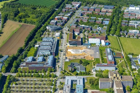 Aerial view, Technical University Dortmund, construction site new refrigeration plant in Dortmund