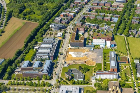 Aerial view, Technical University Dortmund, construction site new refrigeration plant in Dortmund