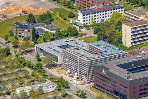 Aerial view, Dortmund University of Technology and Technology Park, construction site and new