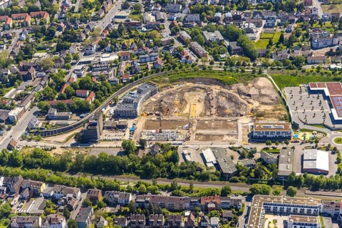 Aerial view, Hombrucher Bogen, construction site for commercial areas and apartment buildings,