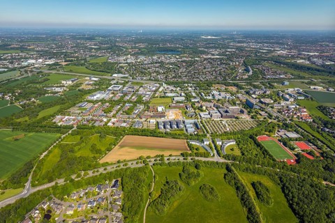 Aerial view, Dortmund University of Technology and Technology Park, construction site and new