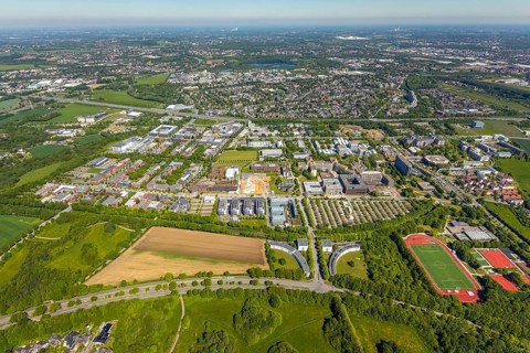 Aerial view, Dortmund University of Technology and Technology Park, construction site and new