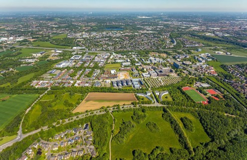 Aerial view, Dortmund University of Technology and Technology Park, construction site and new